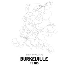 Burkeville Texas. US street map with black and white lines.