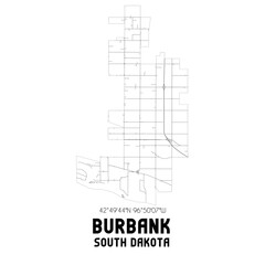 Burbank South Dakota. US street map with black and white lines.