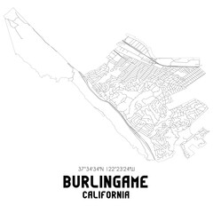 Burlingame California. US street map with black and white lines.