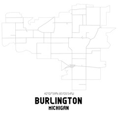 Burlington Michigan. US street map with black and white lines.