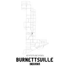 Burnettsville Indiana. US street map with black and white lines.