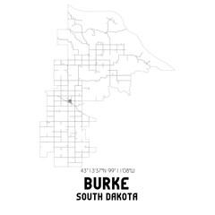 Burke South Dakota. US street map with black and white lines.