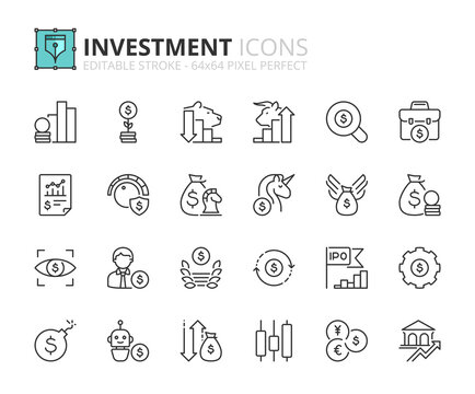 Simple set of outline icons about investment. Financial concept.