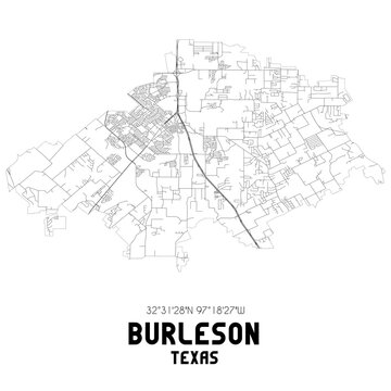 Burleson Texas. US street map with black and white lines.