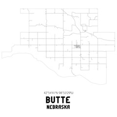Butte Nebraska. US street map with black and white lines.