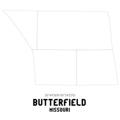 Butterfield Missouri. US street map with black and white lines.
