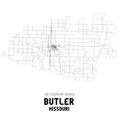 Butler Missouri. US street map with black and white lines.