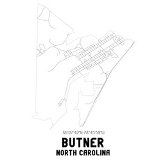 Butner North Carolina. US street map with black and white lines.