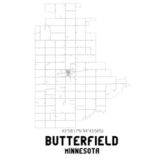 Butterfield Minnesota. US street map with black and white lines.