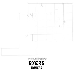 Byers Kansas. US street map with black and white lines.