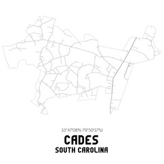 Cades South Carolina. US street map with black and white lines.