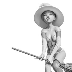 witch girl is flying up close up view