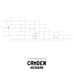 Camden Michigan. US street map with black and white lines.