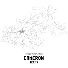 Cameron Texas. US street map with black and white lines.