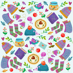 Cheerful children's vector seamless pattern, background. Winter theme. Winter clothes. Bird, scarf, hat, mittens, leaves, ball of thread, wool.  Background for fabric, wallpaper,  design. 