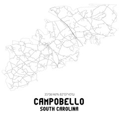 Campobello South Carolina. US street map with black and white lines.