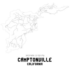 Camptonville California. US street map with black and white lines.