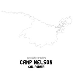 Camp Nelson California. US street map with black and white lines.