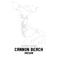 Cannon Beach Oregon. US street map with black and white lines.