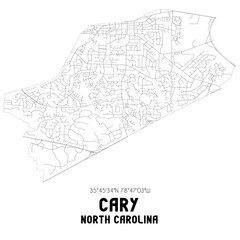 Cary North Carolina. US street map with black and white lines.