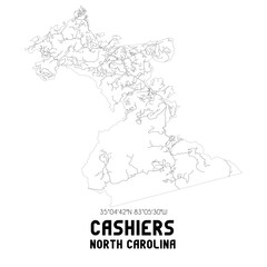Cashiers North Carolina. US street map with black and white lines.