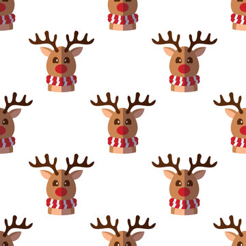 Christmas and New Year concept. Simple pattern of flat Christmas deer on white background. Perfect for web sites, wrappers, giftboxes, postcards