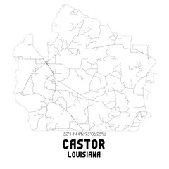 Castor Louisiana. US street map with black and white lines.
