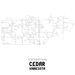 Cedar Minnesota. US street map with black and white lines.