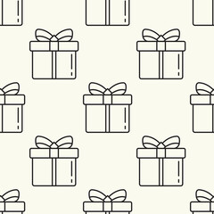 Vector seamless pattern of giftbox on light beige background for sites, wrapping, postcards, web sites etc. Merry Christmas and Happy New Year concept