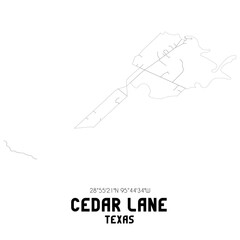 Cedar Lane Texas. US street map with black and white lines.