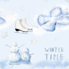 Hand- drawn watercolor winter seamless pattern with a snow angel and skates