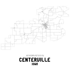 Centerville Iowa. US street map with black and white lines.