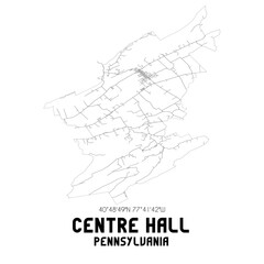 Centre Hall Pennsylvania. US street map with black and white lines.
