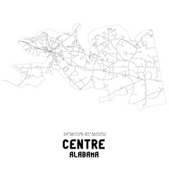 Centre Alabama. US street map with black and white lines.