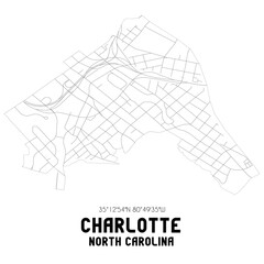 Charlotte North Carolina. US street map with black and white lines.