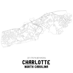 Charlotte North Carolina. US street map with black and white lines.