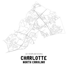 Charlotte North Carolina. US street map with black and white lines.