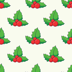 Fototapeta premium Simple vector seamless pattern of cartoon mistletoe on beige background for textile, wallpapers, wrappers, postcard. Merry Christmas and Happy New Year concept