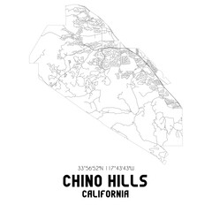Chino Hills California. US street map with black and white lines.