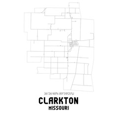 Clarkton Missouri. US street map with black and white lines.