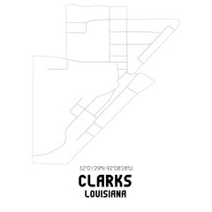 Clarks Louisiana. US street map with black and white lines.