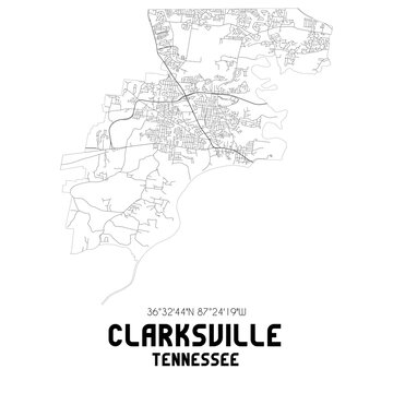 Clarksville Tennessee. US street map with black and white lines.