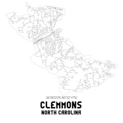 Clemmons North Carolina. US street map with black and white lines.