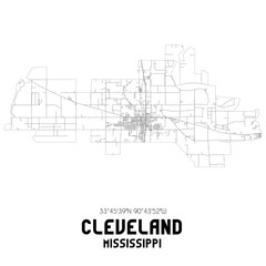 Cleveland Mississippi. US street map with black and white lines.