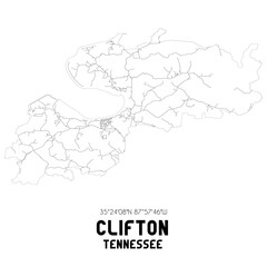 Clifton Tennessee. US street map with black and white lines.