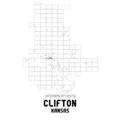 Clifton Kansas. US street map with black and white lines.