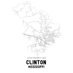 Clinton Mississippi. US street map with black and white lines.