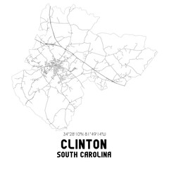 Clinton South Carolina. US street map with black and white lines.