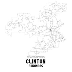 Clinton Arkansas. US street map with black and white lines.