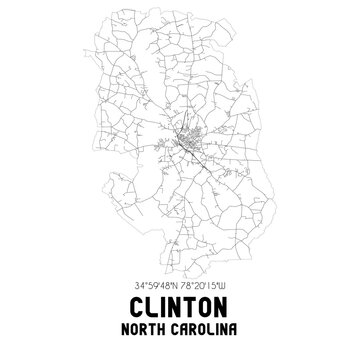 Clinton North Carolina. US street map with black and white lines.
